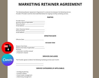 Plantilla de contrato de servicios de marketing / Contrato mensual / Servicios de redes sociales (Canva PDF)