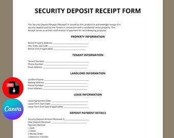 Security Deposit Receipt Template | Rental Deposit Receipt Form | Tenant Payment Receipt | Editable Canva PDF | Instant Download