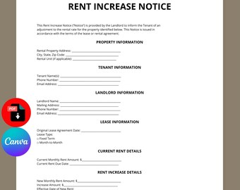 Rent Increase Notice Template | Rental Increase Letter | Landlord Notice Form | Editable Canva PDF | Instant Download