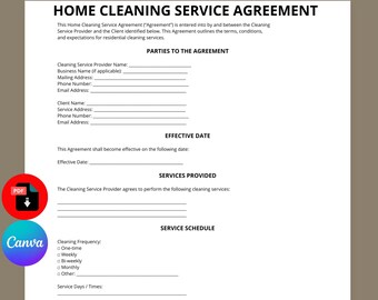 Home Cleaning Service Agreement Template | Cleaning Contract Template | House Cleaning Agreement | Editable Canva PDF | Instant Download