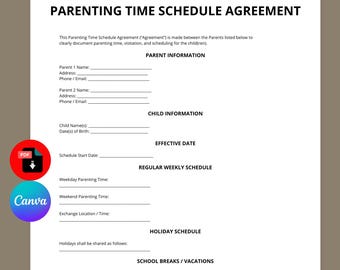 Acuerdo de régimen de visitas / Plantilla de calendario de visitas / Plan de custodia de menores / Editable en Canva