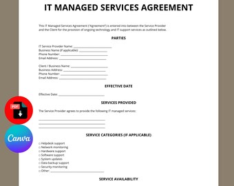 IT Managed Services Agreement Template | IT Service Contract | Tech Support Agreement | Editable Canva PDF | Instant Download