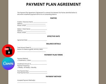 Plantilla de acuerdo de plan de pagos / Contrato a plazos (editable en Canva)