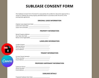 Sublease Consent Form Template | Sublet Agreement Approval | Rental Sublease Permission | Editable Canva PDF | Instant Download