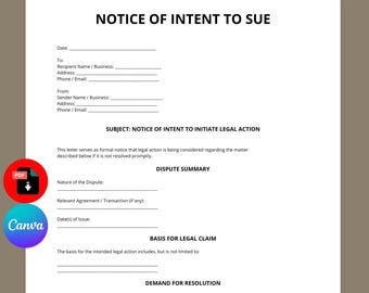 Plantilla de notificación de intención de demandar / Carta de requerimiento legal (editable en Canva)