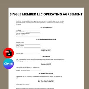 May include: A Single Member LLC Operating Agreement document, with sections for LLC information, sole member details, and ownership. Includes fields for effective date, management, and capital contribution. The document is on a white background.