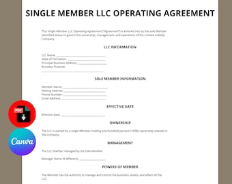 Plantilla de acuerdo operativo de LLC unipersonal (Canva, descarga digital)