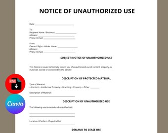 Plantilla de notificación de uso no autorizado / Carta de infracción de derechos de autor (editable en Canva)