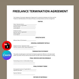 Op de afbeelding: Freelance Termination Agreement document met koppen en invulvelden. Bevat secties voor partijen, ingangsdatum, originele overeenkomstgegevens, beëindigingsverklaring, definitieve diensten en betalingsvoorwaarden. Een PDF-pictogram is zichtbaar.