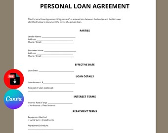 Plantilla de contrato de préstamo personal / Contrato de préstamo privado (editable en Canva)