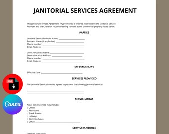Janitorial Services Agreement Template | Commercial Cleaning Contract | Office Cleaning Agreement | Editable Canva PDF | Instant Download