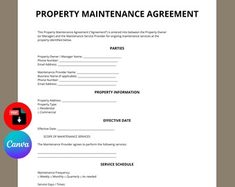 Property Maintenance Agreement Template | Maintenance Contract Template | Property Service Agreement | Editable Canva PDF | Instant Download