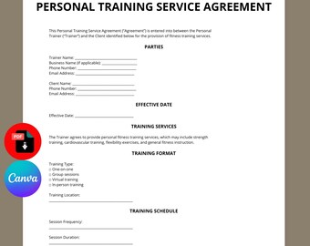Personal Training Agreement Template | Fitness Training Contract | Personal Trainer Contract | Editable Canva PDF | Instant Download