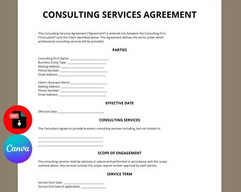 Consulting Services Agreement Template | Business Consulting Contract | Consultant Agreement | Editable Canva PDF | Instant Download