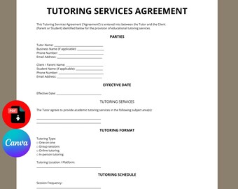 Tutoring Services Agreement Template | Tutor Contract Template | Private Tutoring Agreement | Editable Canva PDF | Instant Download