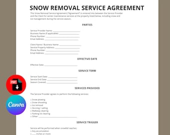Snow Removal Service Agreement Template | Snow Plowing Contract | Winter Maintenance Contract | Editable Canva PDF | Instant Download
