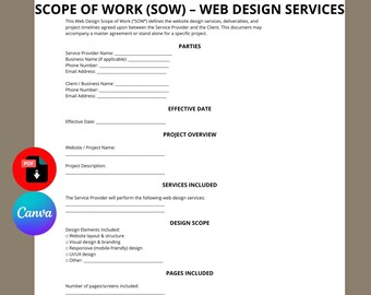 Plantilla de alcance del trabajo para diseño web / Acuerdo de alcance del trabajo editable en Canva (PDF)