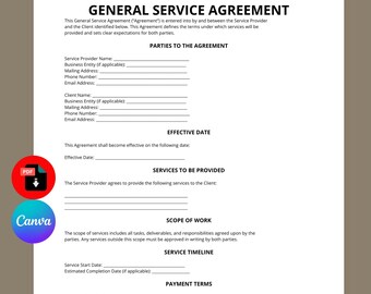 General Service Agreement Template | Service Contract Template | Client Service Agreement | Editable Canva PDF | Instant Download