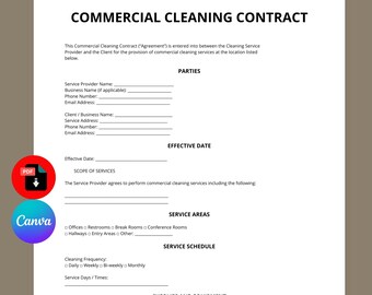 Commercial Cleaning Contract Template | Cleaning Service Agreement | Office Cleaning Contract | Editable Canva PDF | Instant Download