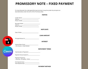 Plantilla de pagaré de pago fijo / Contrato de préstamo / Documento editable de Canva