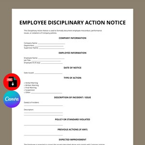 Employee Disciplinary Action Notice Template | HR Warning Form (Canva Editable)