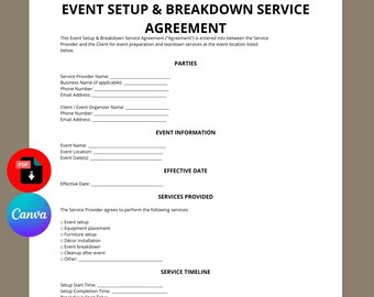 Event Setup and Breakdown Service Agreement | Event Service Contract Template | Event Setup Contract | Editable Canva PDF | Instant Download