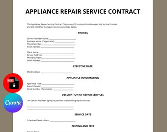 Appliance Repair Service Contract Template | Repair Agreement Template | Appliance Service Agreement | Editable Canva PDF | Instant Download