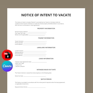 Può includere: Documento bianco intitolato "AVVISO DI INTENTO DI LASCIARE" con campi compilabili per informazioni sulla proprietà, l'inquilino e il proprietario. Include sezioni per i dettagli del contratto di locazione, la data di trasloco e il periodo di preavviso.