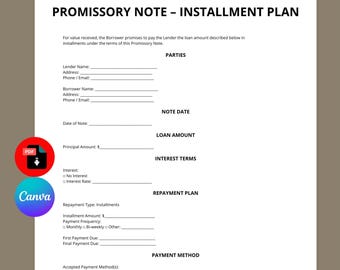 Plantilla de plan de pago a plazos para pagaré / Contrato de préstamo / Contrato de reembolso (editable en Canva)