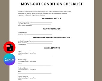 Move Out Condition Checklist Template | Rental Inspection Checklist | Tenant Move Out Form | Editable Canva PDF | Instant Download