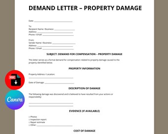 Plantilla de carta de reclamación por daños a la propiedad / Solicitud de indemnización / Editable en Canva (Descarga digital)