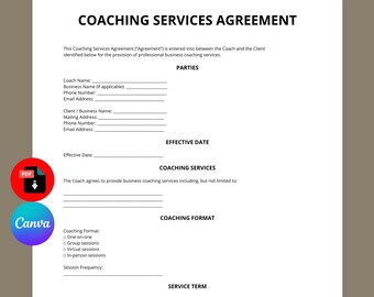 Coaching Services Agreement Template | Business Coaching Contract | Coaching Agreement | Editable Canva PDF | Instant Download