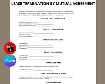 Lease Termination Agreement Template | Mutual Lease Termination Form | Rental Termination Agreement | Editable Canva PDF | Instant Download