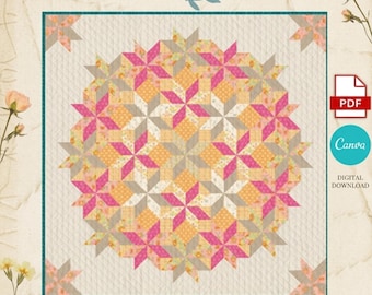 Primrose Quilt Pattern PDF – Floral Star Quilt Design, Large 88x88 Bed Quilt, HST Patchwork Pattern, Modern Vintage Quilt, Instant Download