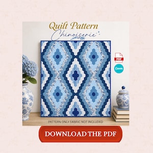 May include: A blue and white quilt pattern with a geometric design. The quilt features diamond shapes in various shades of blue. The text "Quilt Pattern Chinoiserie" is at the top, and "DOWNLOAD THE PDF" is at the bottom. The pattern is for sale.