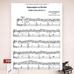 以下が含まれることがあります： フランツ・シューベルトの即興曲 変ホ長調、D.899-2（作品90番2）の楽譜。楽譜は、黒い音符とテキストが印刷された白い紙に印刷されています。小さな黒いピアノが右下にあります。テキストには「Digital PDF • Piano • Public Domain」が含まれています。