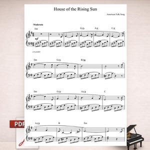 May include: Sheet music for "House of the Rising Sun," an American folk song, is shown. The music is written on a white background with black notes and text. A small piano is in the lower right corner. The text "Digital PDF • Piano • Public Domain" is at the bottom.