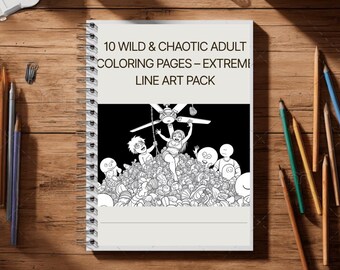 Kleurplaten humor voor volwassenen • Surrealistische chaos-lijntekeningen • 10 grappige afdrukbare scènes (pdf-download)