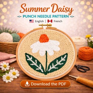 Op de afbeelding: Een punch needle patroon met een madeliefjesontwerp. Het ontwerp bevat een witte bloem met een oranje centrum en groene bladeren, tegen een beige achtergrond. De tekst "Summer Daisy" staat bovenaan, met "Download the PDF" onderaan.
