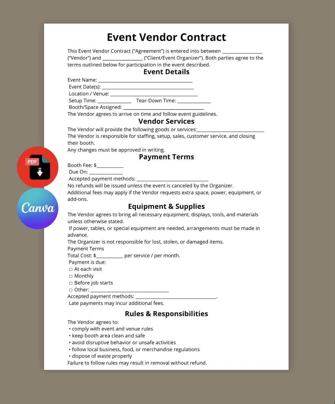 Event Vendor Contract Template | Market & Pop-up Booth Agreement (canva ...