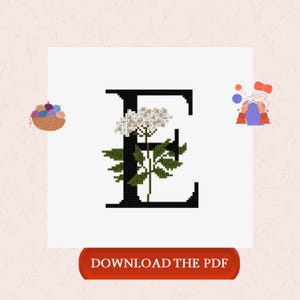 May include: A cross-stitch design featuring the letter "E" in black, with a white flower and green leaves. The image includes a basket of yarn and a knitting illustration. The text "DOWNLOAD THE PDF" is displayed on a red button.