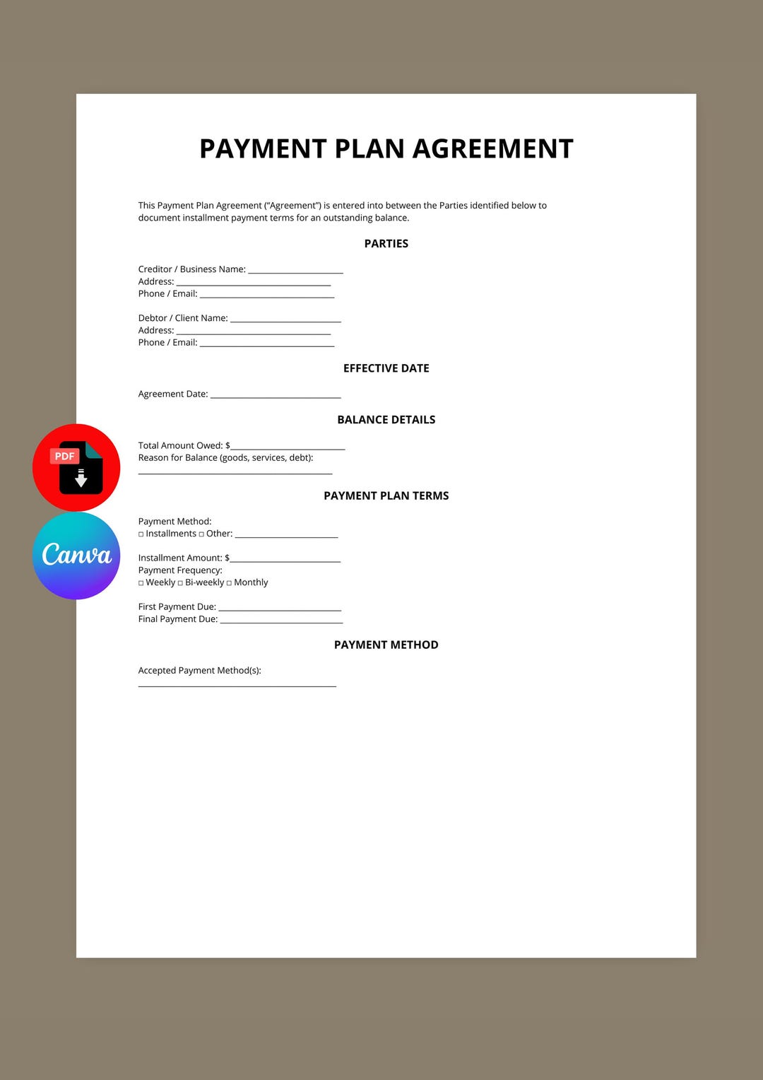 Payment Plan Agreement Template | Installment Contract (canva Editable ...