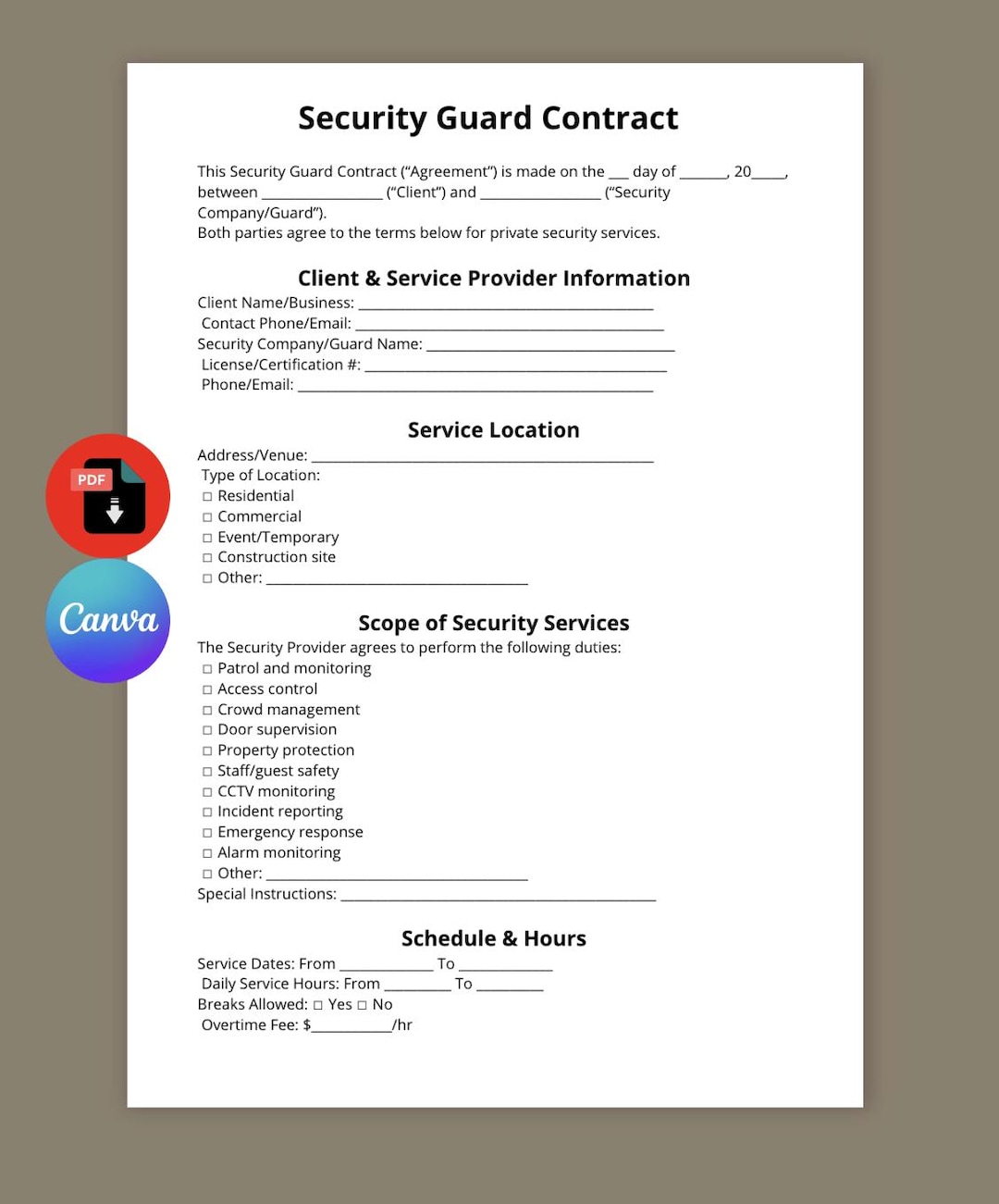 Security Guard Contract Template | Editable Service Agreement (canva ...