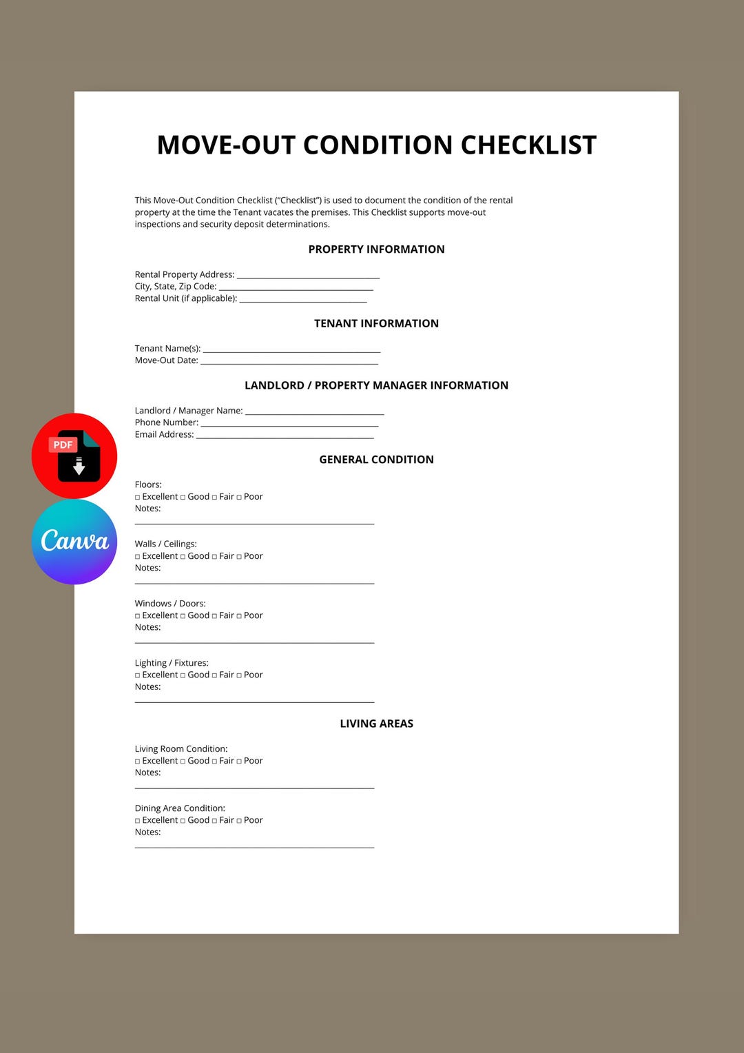 Move-out Condition Checklist | Rental Inspection Form (editable Canva ...