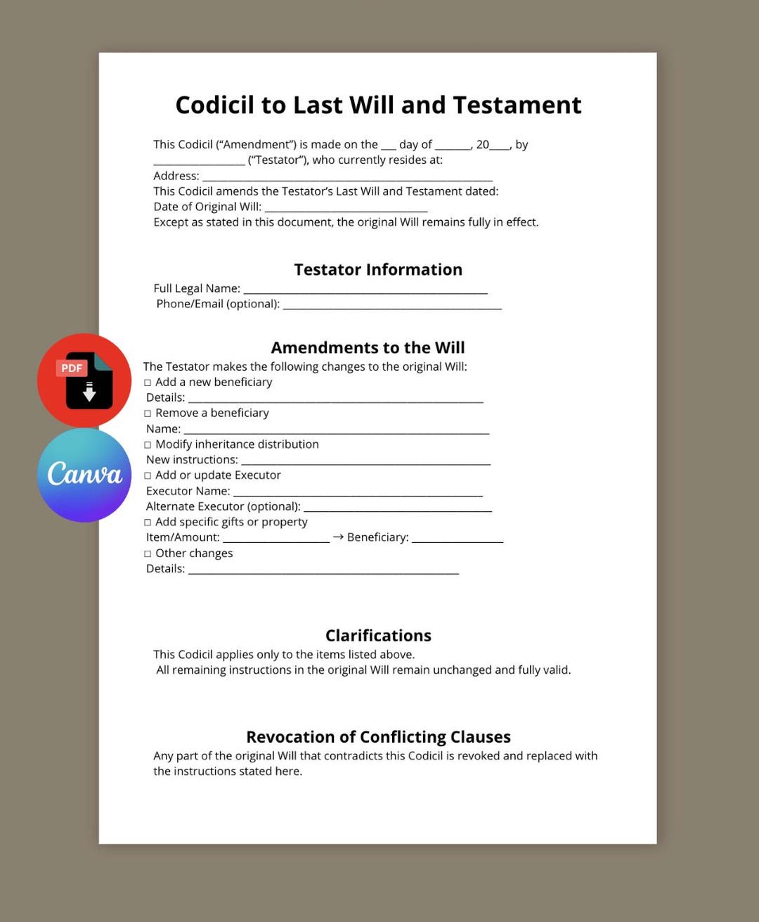 Codicil to Will Template | Editable Will Amendment Form | Printable ...
