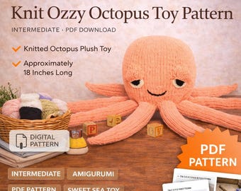 Knit Ozzy Octopus Toy Pattern PDF, Knitted Octopus Plush Pattern, Amigurumi Octopus Knit Pattern, Baby Octopus Toy Pattern