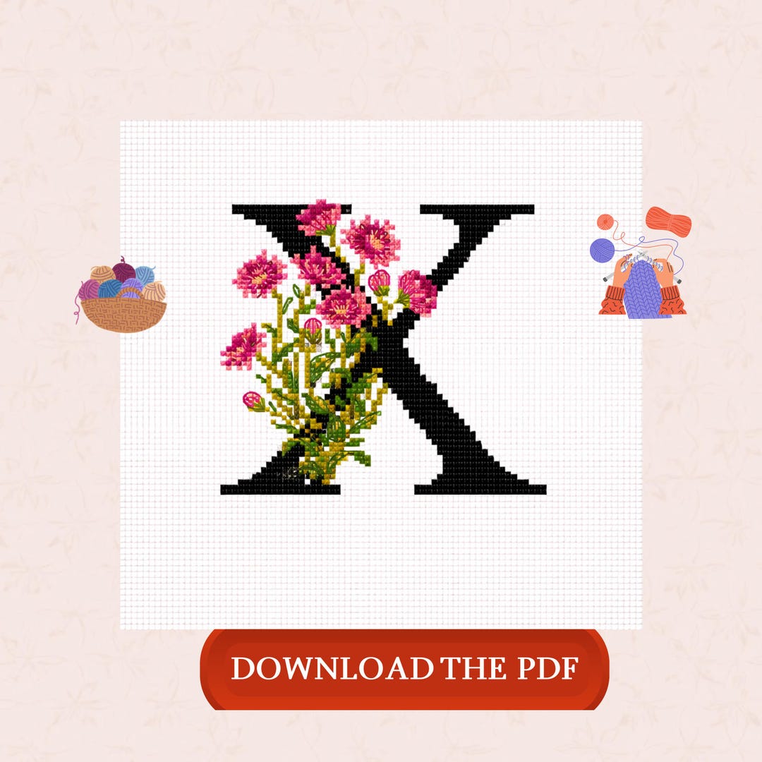 X Stitching Pattern Floral Letter X Cross Stitch Pattern, Monogram Alphabet Embroidery ...