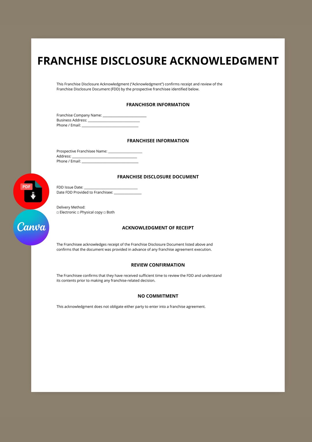 Franchise Disclosure Acknowledgment Template | FDD Receipt Form ...