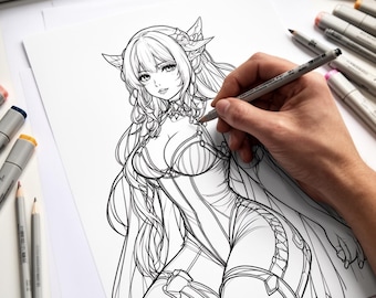 Può includere: Un'illustrazione dettagliata in bianco e nero di un personaggio fantasy disegnato su carta bianca. Il personaggio ha lunghi capelli, corna e indossa un abito dettagliato. Pennarelli e matite colorate sullo sfondo.