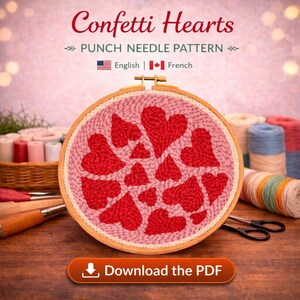 Puede incluir: Un patrón de aguja mágica en un aro de madera con un diseño de corazones rojos sobre un fondo rosa. El texto "Confetti Hearts" y "PUNCH NEEDLE PATTERN" se muestran en la parte superior. La imagen también incluye el texto "Download the PDF".
